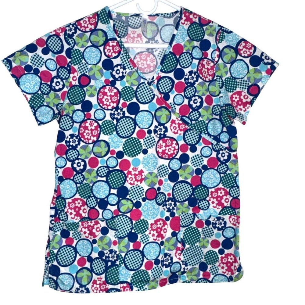 321 Womens Cotton Scrub Top M Multicolor Floral & Polka Dot Print Short Sleeve